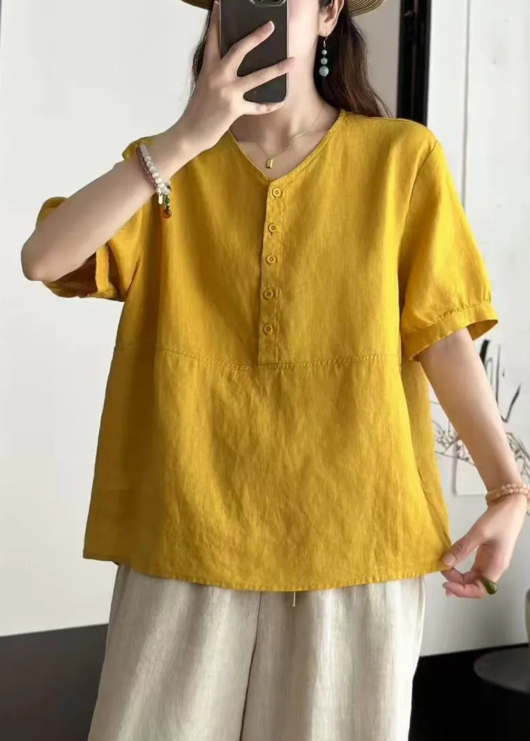 Art Yellow V Neck Button Linen Blouses Summer