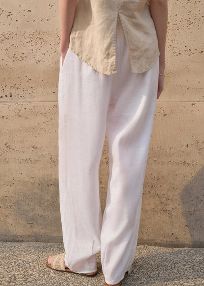 Simple Style White Pockets Elastic Waist Linen Pants Summer