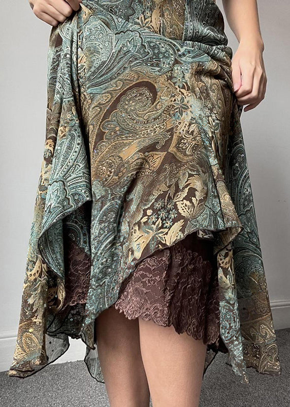 Green Print Lace Patchwork Skirts Summer