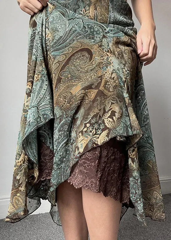 Green Print Lace Patchwork Skirts Summer