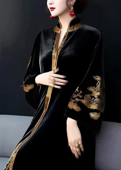 Black V Neck Print Patchwork Silk Velour Long Dresses Fall