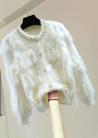 Handmade Blue Nail Bead Patchwork Tassel Cotton Knit Sweaters Winter