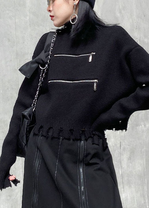Black Zippered Tasseled Fall Sweater