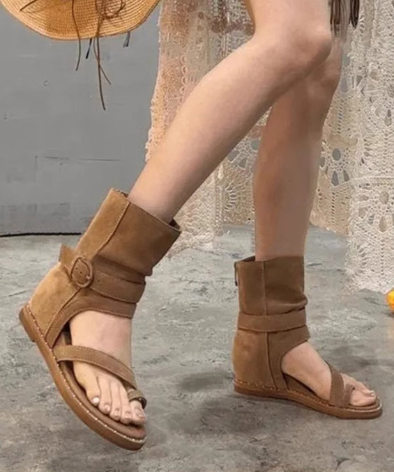 Brown Hollow Out Wedge Thong Sandals Boots