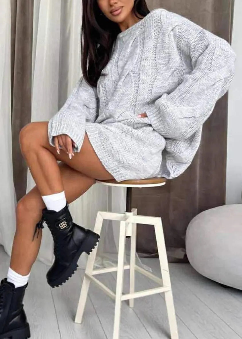 Loose Chocolate O Neck Cable Knit 2 Piece Outfit Fall