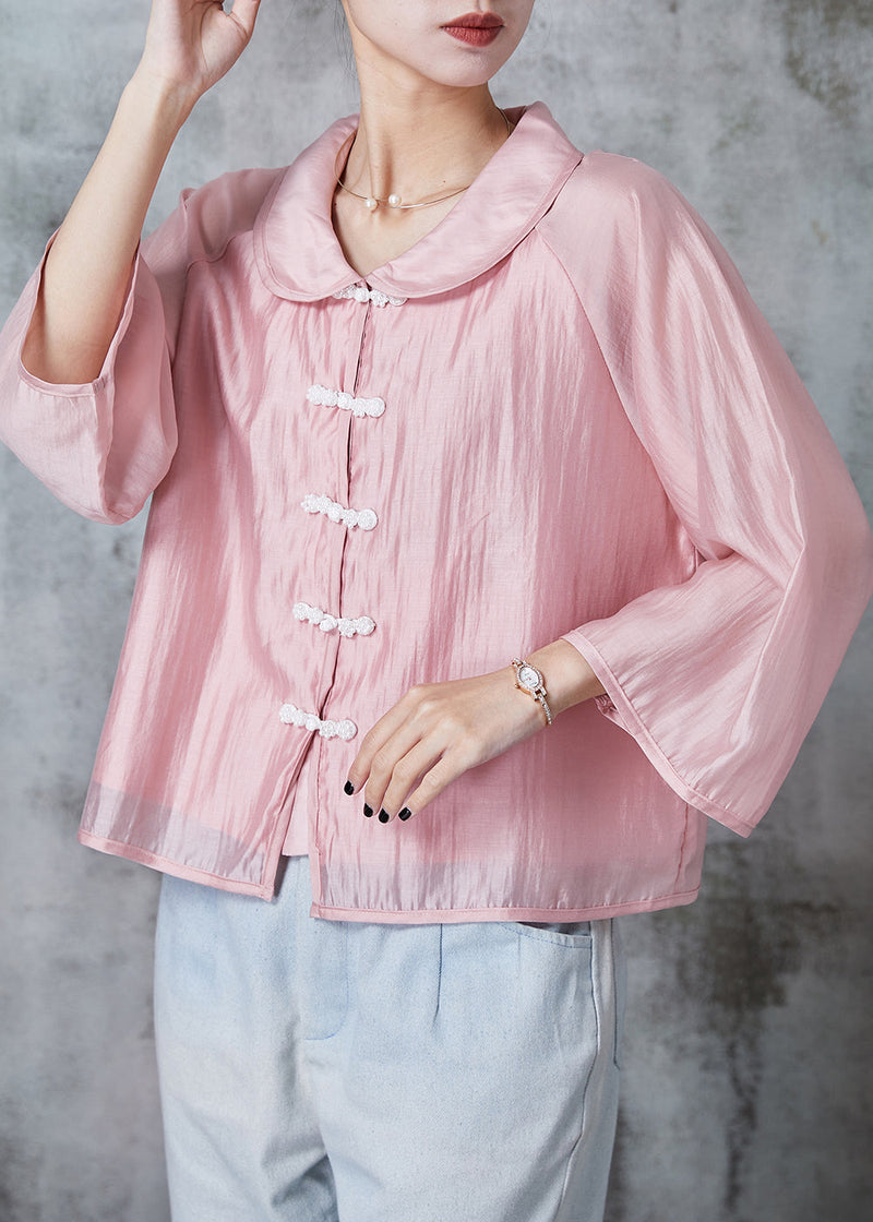 Pink Peter Pan Collar Chinese Button Silk Shirts Summer