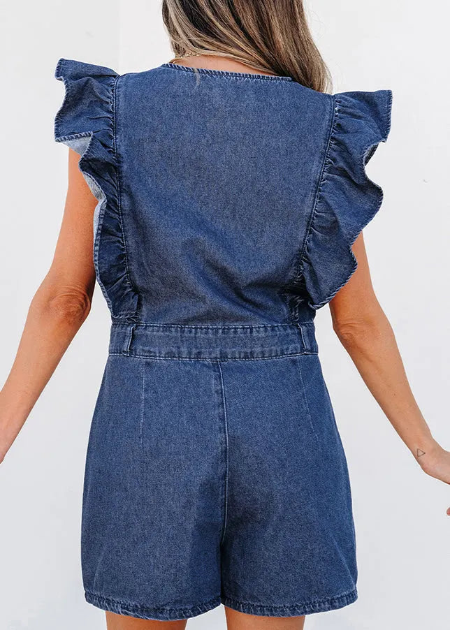 Stylish Navy O-neck Ruffled Zippered Denim Jumpsuit Short Sleeve