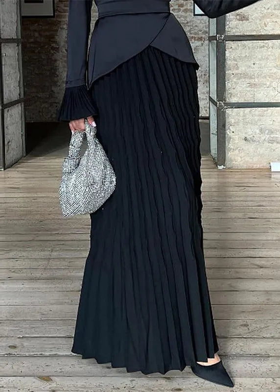Black Wrinkled Patchwork Silk Long Dress Fall