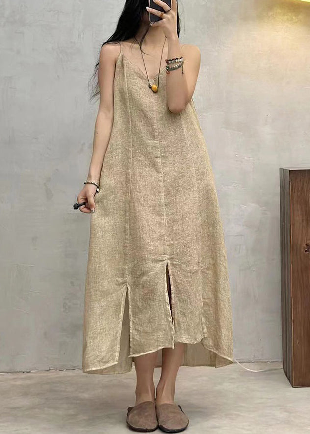 Loose Apricot V Neck Linen Spaghetti Strap Dress Sleeveless