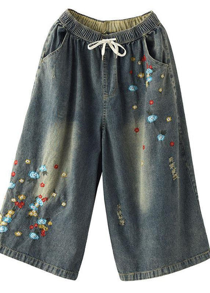 Comfy Grey Embroidered Wide Leg Denim Pants for