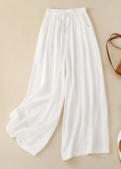 New Orange Pockets Elastic Waist Linen Wide Leg Pants Summer