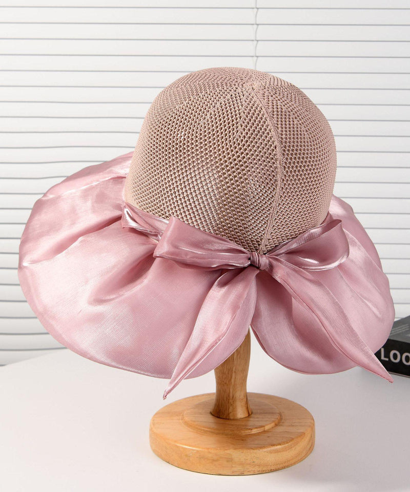 New Dark Khaki Knit Patchwork Satin Bow Bucket Hat