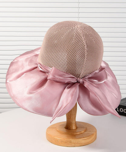 New Dark Khaki Knit Patchwork Satin Bow Bucket Hat