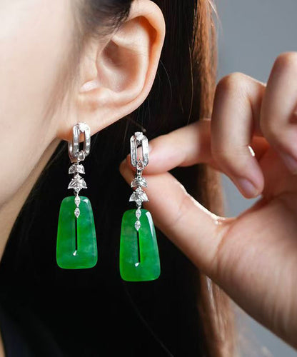 Green Sterling Silver Jade Square Hollow Out Drop Earrings