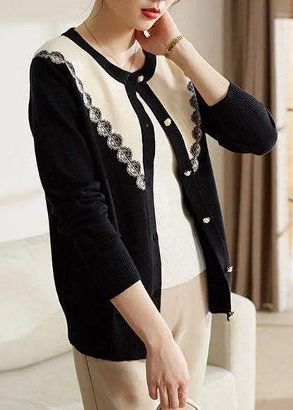 French Black O-neck Patchwork Button Knit Coats Long Sleeve