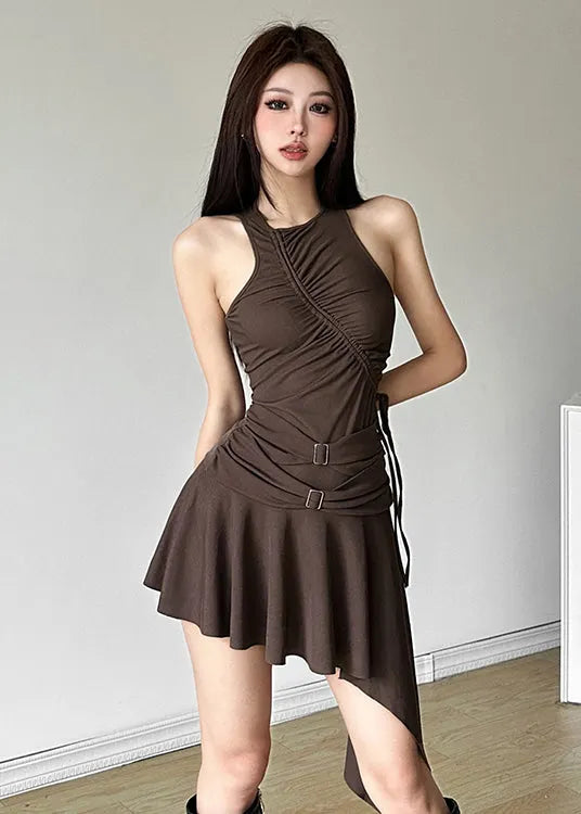 French Coffee Asymmetrical Cinched Patchwork Cotton Mid Dress Sleeveless