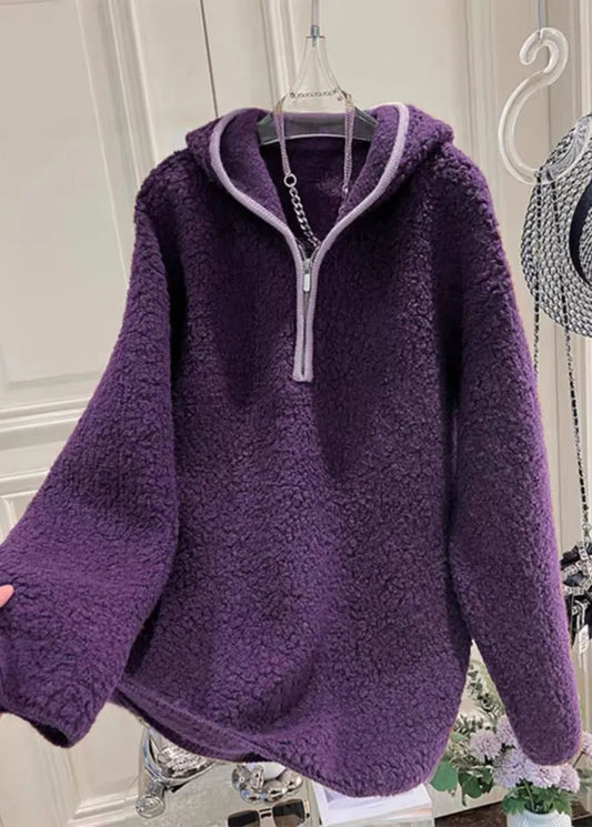 Warm Purple Hooded Zippered Fluffy Sweatshirt Winter