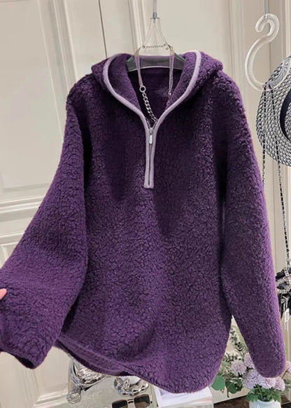 Warm Purple Hooded Zippered Fluffy Sweatshirt Winter
