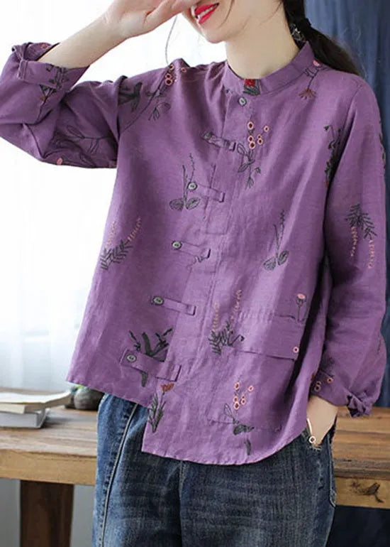 Purple Linen Shirts Top Stand Collar Embroidered Long Sleeve
