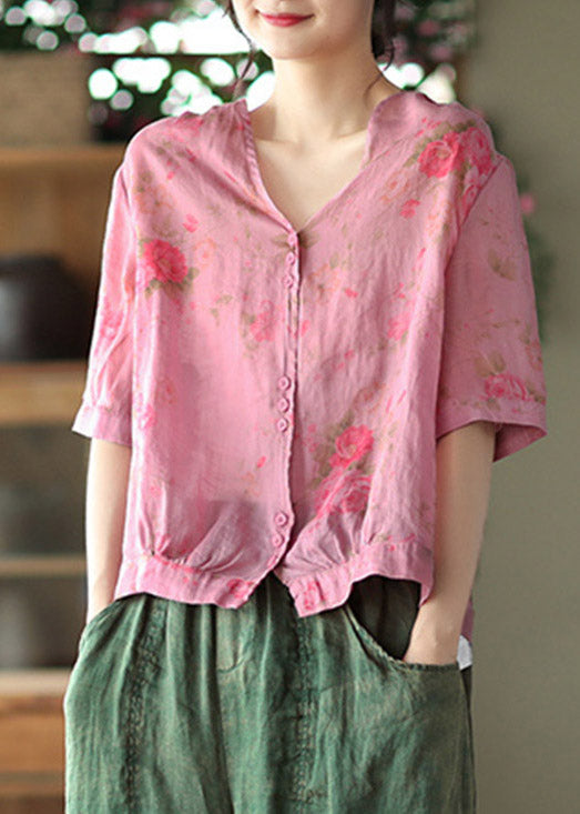 Italian Pink Flowers V Neck Print Button Linen Top Half Sleeve
