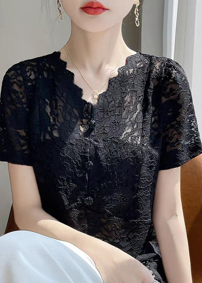 Black Hollow Out Lace Summer Shirt V Neck