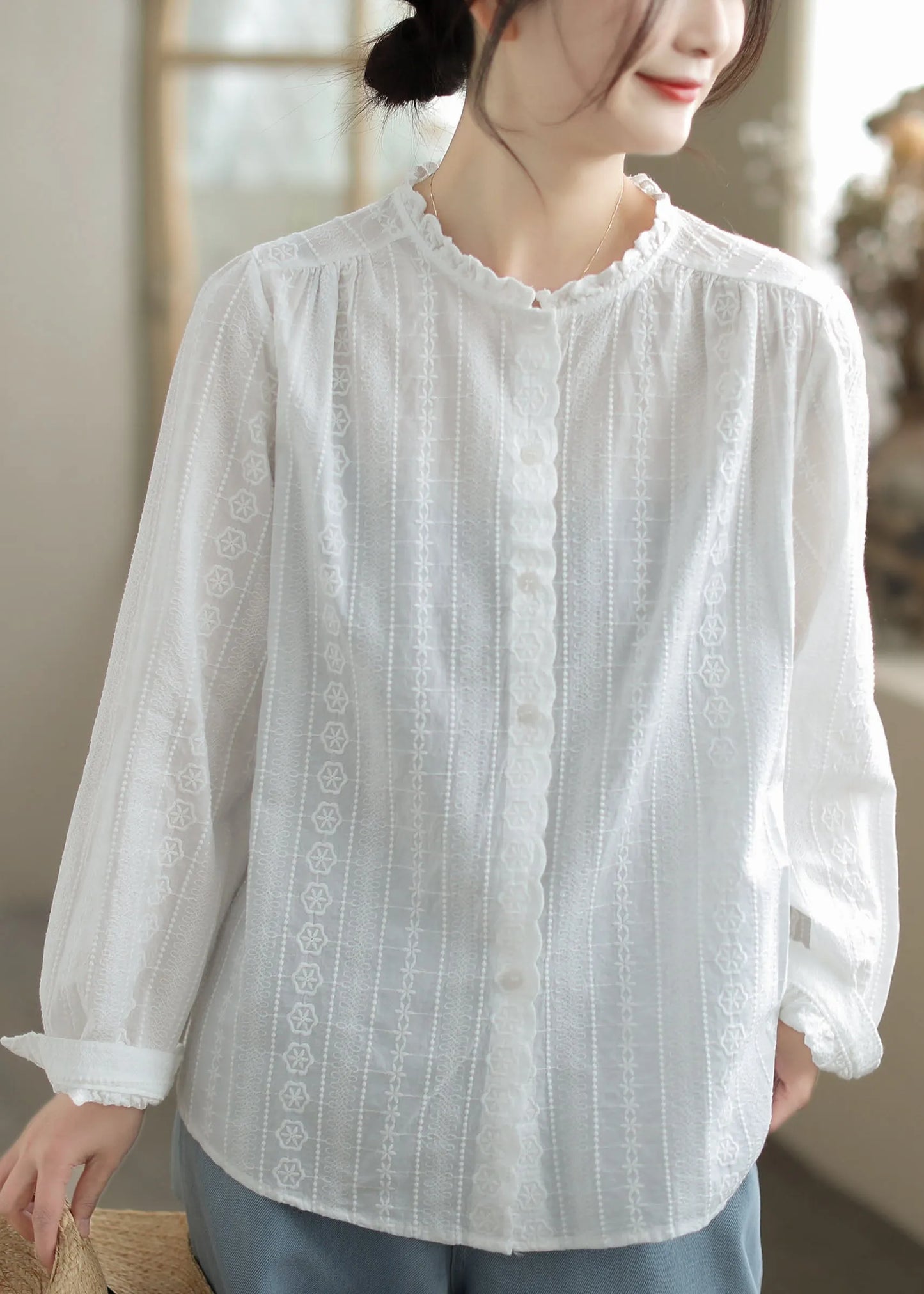 Art White Ruffled Embroidered Cotton Shirt Top Spring