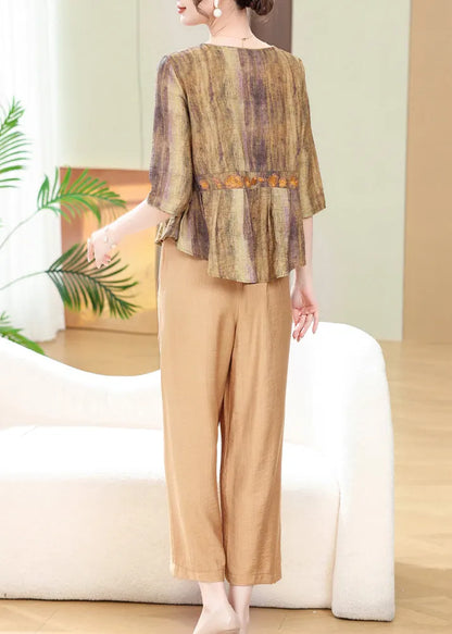 Loose Khaki Print Tops and Crop Pants Cotton Two Piece Set Summer
