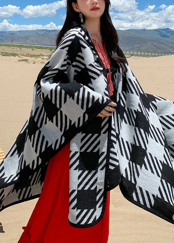 Black White Plaid V Neck Cashmere Cardigan Long Sleeve