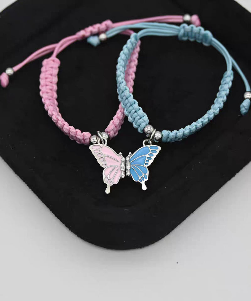 Pink Weave Alloy Butterfly Adjustable a Pair Charm Bracelet