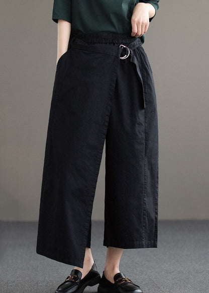Black Asymmetrical Design Pockets Cotton Pants Summer