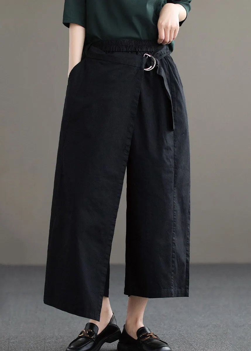 Black Asymmetrical Design Pockets Cotton Pants Summer