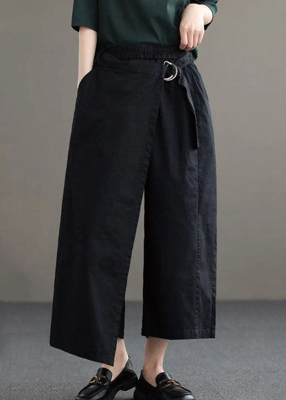 Black Asymmetrical Design Pockets Cotton Pants Summer