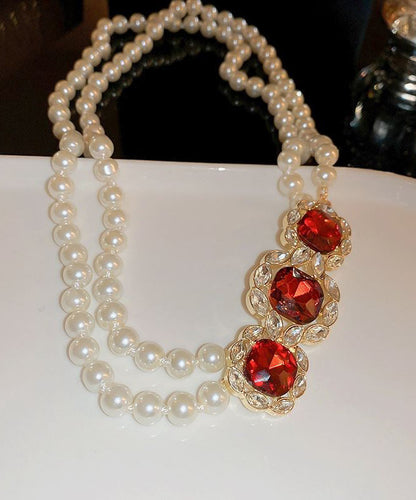 Red Alloy Zircon Bilayer Pearl Gratuated Bead Necklace
