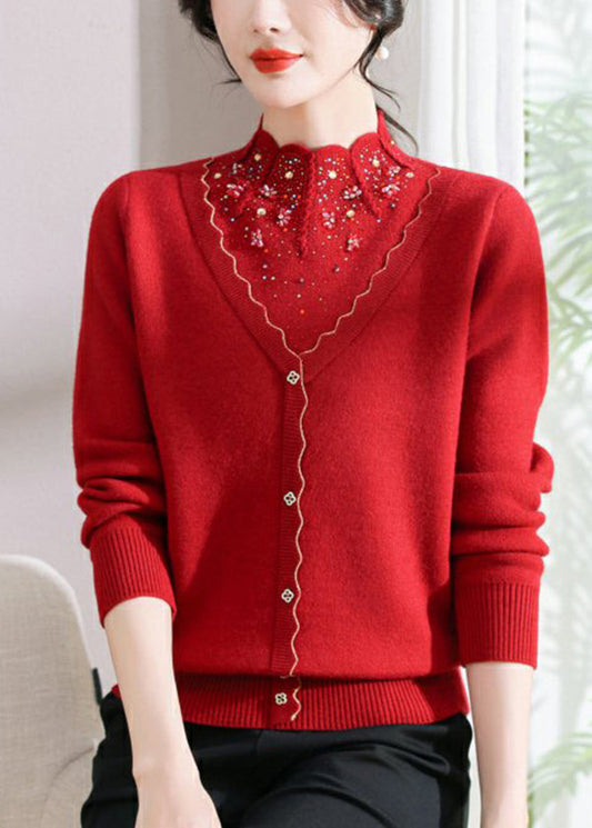 Red Zircon False Two Pieces Woolen Short Sweater Spring