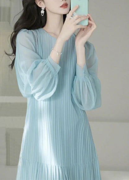 Light Blue O-neck Cinched Maxi Dresses Spring