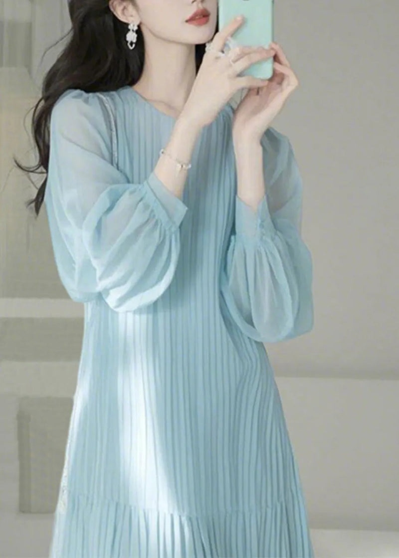 Light Blue O-neck Cinched Maxi Dresses Spring