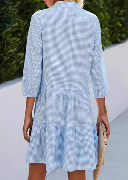Blue V Neck Plaid Button Cotton Mid Dress Summer