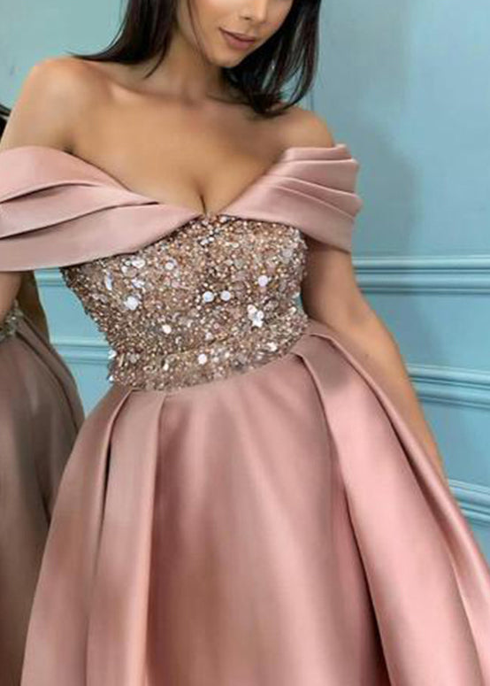 New Pink Cold Shoulder Sequins Silk Party Dress Fall