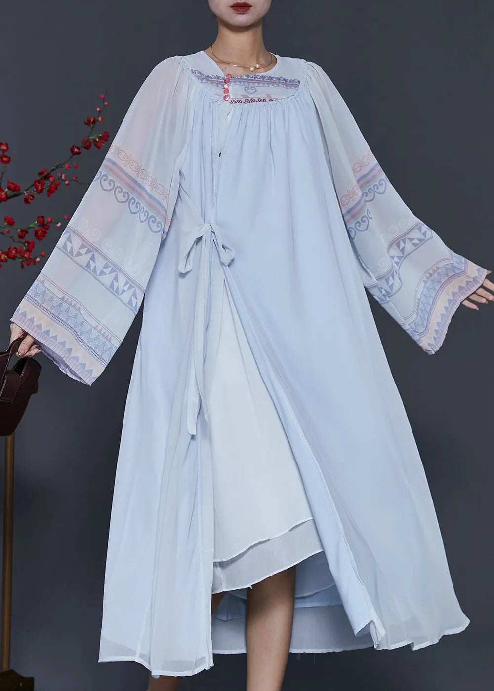 Style Sky Blue Oversized Lace Up Chiffon Dress Summer