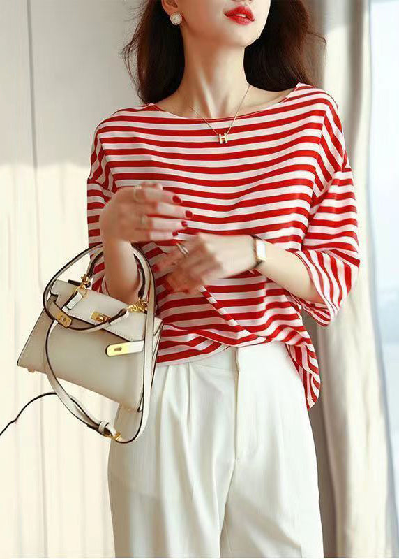 Blue O Neck Striped Silk Shirt Tops Summer