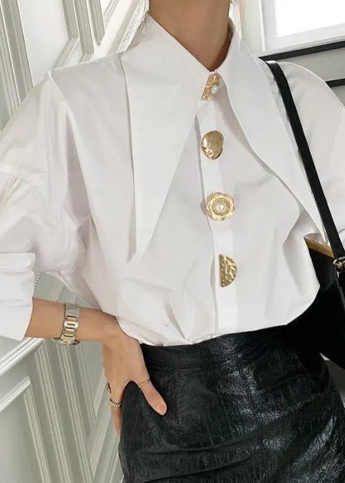 French White Peter Pan Collar Button Cotton Shirt Top Lantern Sleeve