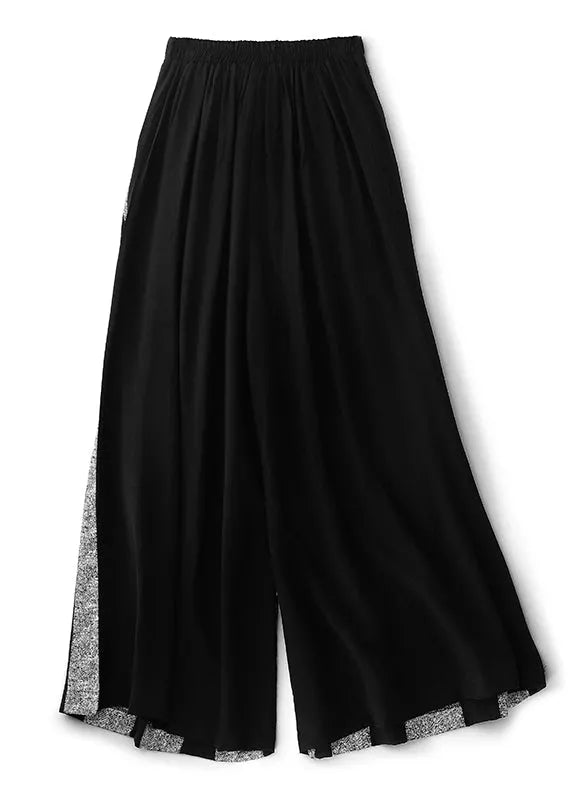 Black Striped Patchwork Cotton Wide Leg Pants Fall