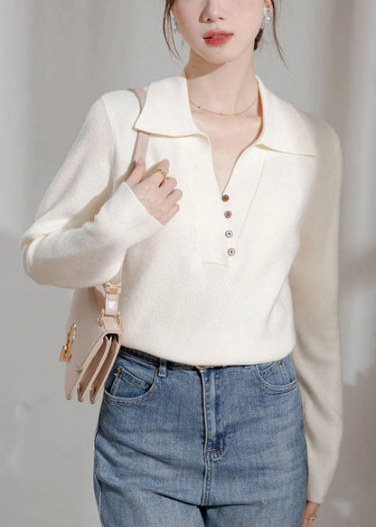 Beige Peter Pan Collar Button Knit Sweater Spring