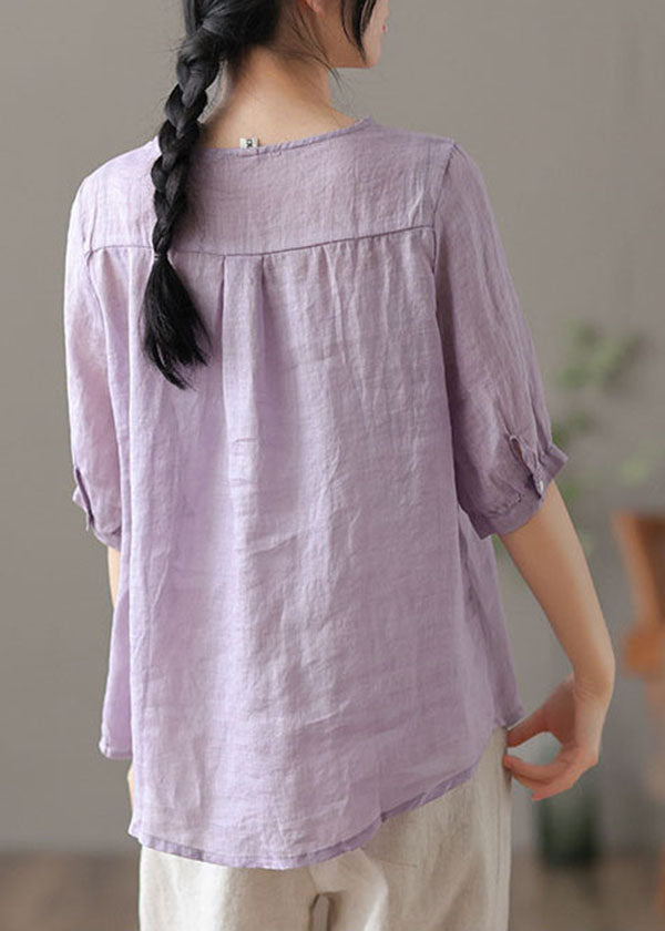 Purple V Neck Embroidered Linen Blouse Tops Half Sleeve