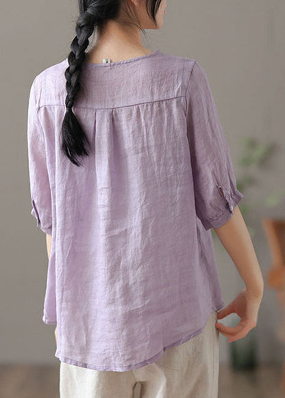 Purple V Neck Embroidered Linen Blouse Tops Half Sleeve