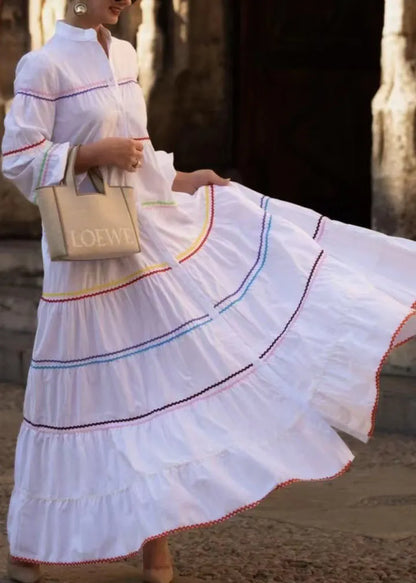 French White V Neck Striped Patchwork Cotton Long Dress Summer