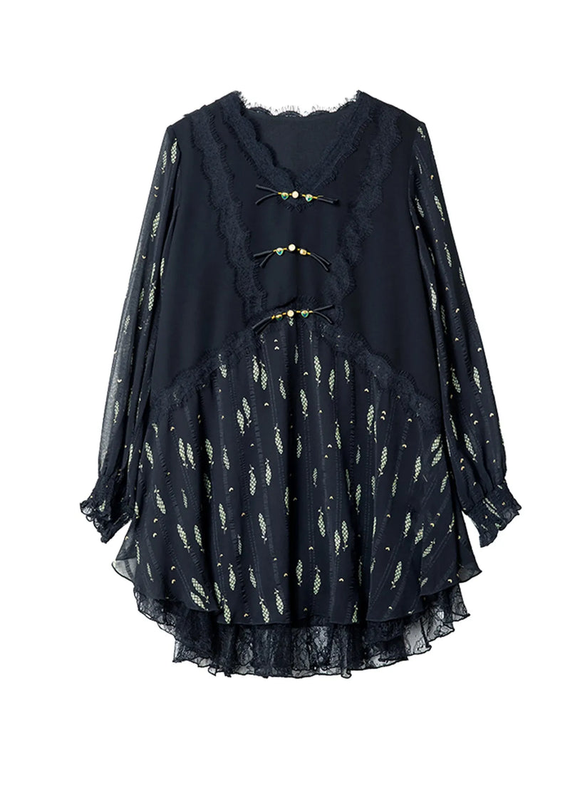 Stylish Black V Neck Lace Print Patchwork Chiffon Dress Spring