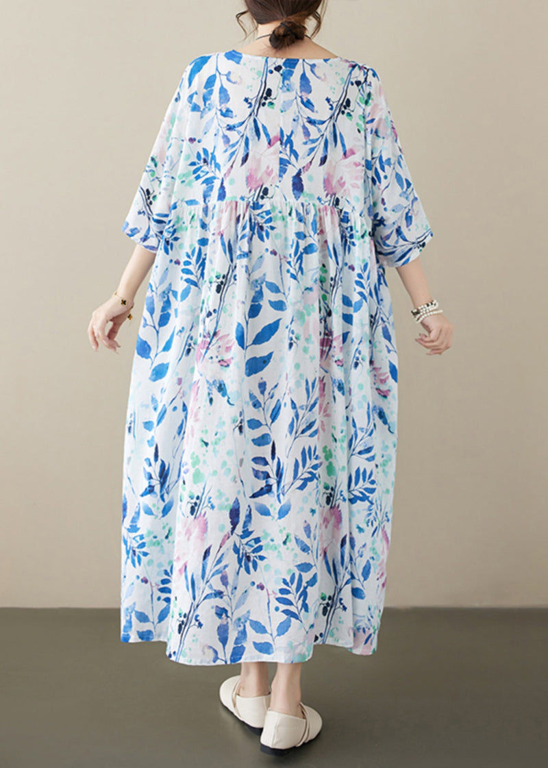 Blue O Neck Print Cotton Dress Summer