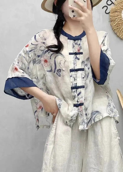 Chinese Style Blue Print Patchwork Linen Shirts Summer