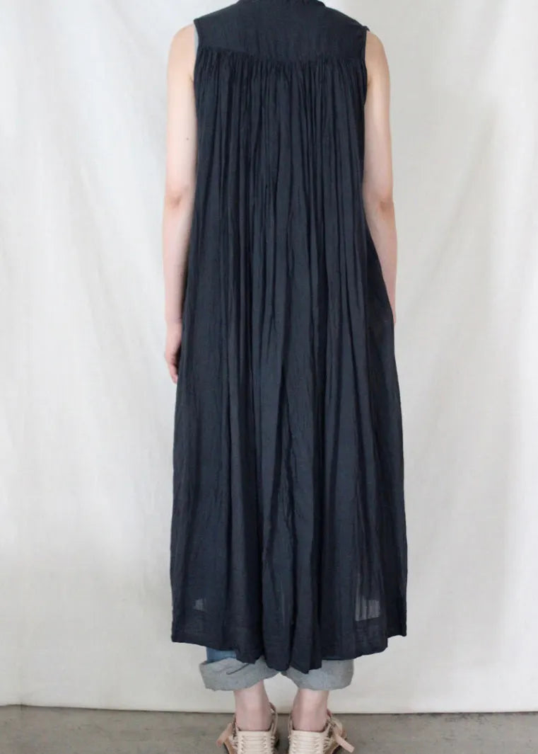 Loose Dark Blue O-neck Wrinkled Button Maxi Shirt Dresses Sleeveless